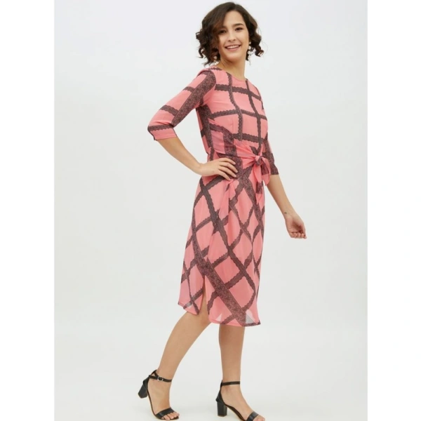 Women's Polyester Checkered 3-4th Sleeves Below Knee Dress (Pink) - M