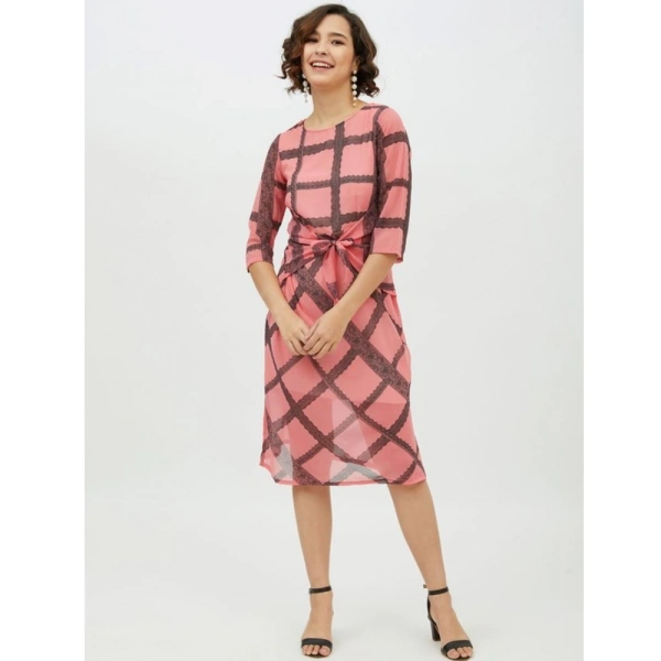 Women's Polyester Checkered 3-4th Sleeves Below Knee Dress (Pink) - M