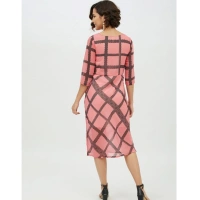 Women's Polyester Checkered 3-4th Sleeves Below Knee Dress (Pink) - M
