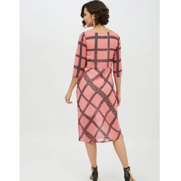 Women's Polyester Checkered 3-4th Sleeves Below Knee Dress (Pink) - M