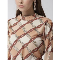 Women's Polyester Checkered Long Sleeves Above Knee Dress (Off White - Brown) - S