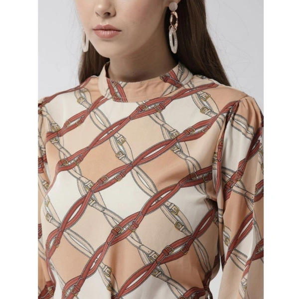 Women's Polyester Checkered Long Sleeves Above Knee Dress (Off White - Brown) - S