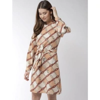 Women's Polyester Checkered Long Sleeves Above Knee Dress (Off White - Brown) - S