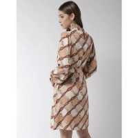Women's Polyester Checkered Long Sleeves Above Knee Dress (Off White - Brown) - S