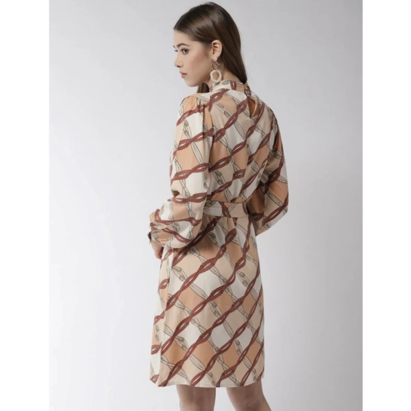 Women's Polyester Checkered Long Sleeves Above Knee Dress (Off White - Brown) - S