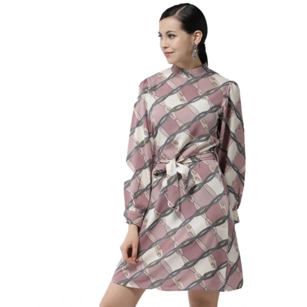 Women's Polyester Checkered Long Sleeves Above Knee Dress (Off White - Lavender) - XL