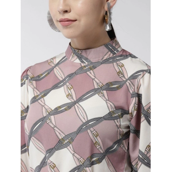 Women's Polyester Checkered Long Sleeves Above Knee Dress (Off White - Lavender) - XL
