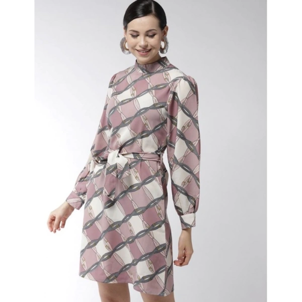 Women's Polyester Checkered Long Sleeves Above Knee Dress (Off White - Lavender) - XL