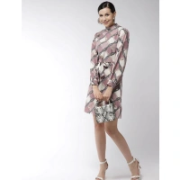 Women's Polyester Checkered Long Sleeves Above Knee Dress (Off White - Lavender) - XL