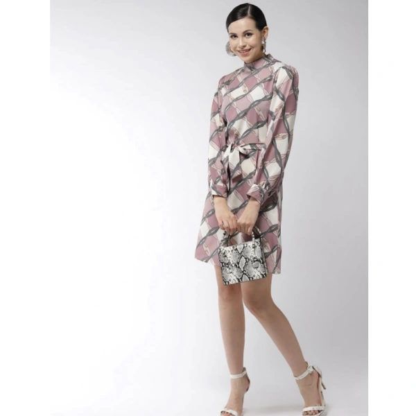 Women's Polyester Checkered Long Sleeves Above Knee Dress (Off White - Lavender) - XL