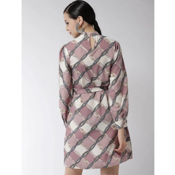 Women's Polyester Checkered Long Sleeves Above Knee Dress (Off White - Lavender) - XL