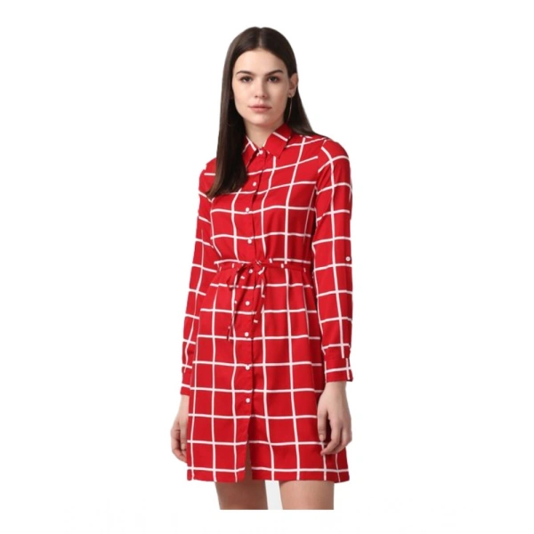 Women's Polyester Checkered Long Sleeves Above Knee Dress (Red) - M