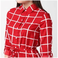 Women's Polyester Checkered Long Sleeves Above Knee Dress (Red) - M