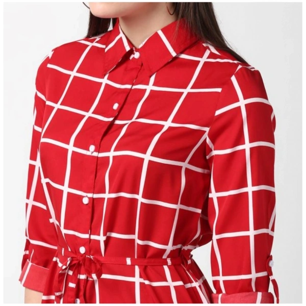 Women's Polyester Checkered Long Sleeves Above Knee Dress (Red) - M