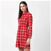 Women's Polyester Checkered Long Sleeves Above Knee Dress (Red) - M