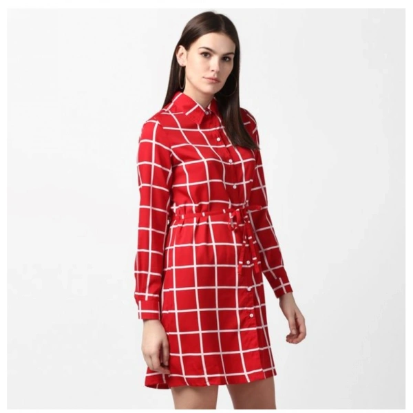 Women's Polyester Checkered Long Sleeves Above Knee Dress (Red) - M