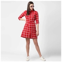 Women's Polyester Checkered Long Sleeves Above Knee Dress (Red) - M