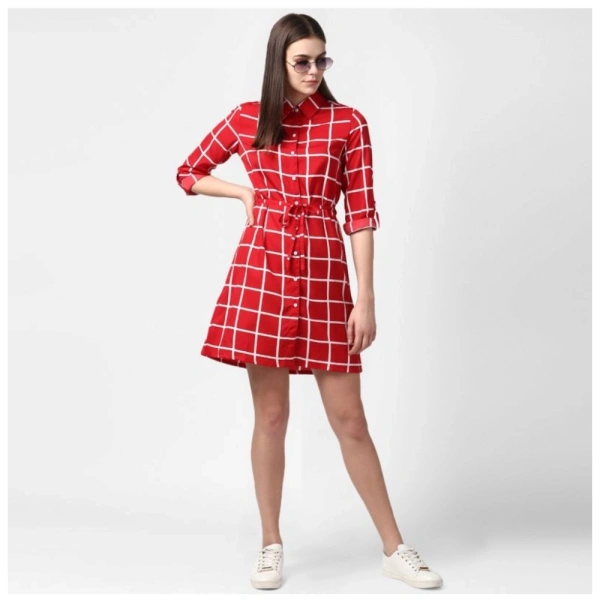 Women's Polyester Checkered Long Sleeves Above Knee Dress (Red) - M