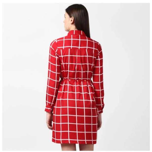 Women's Polyester Checkered Long Sleeves Above Knee Dress (Red) - M