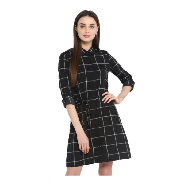 Women's Polyester Checkered Roll Up Sleeve Above Knee Dress (Black - White) - L