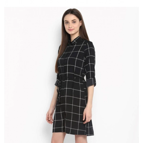 Women's Polyester Checkered Roll Up Sleeve Above Knee Dress (Black - White) - L