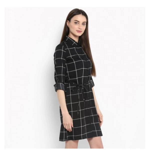 Women's Polyester Checkered Roll Up Sleeve Above Knee Dress (Black - White) - L