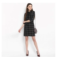 Women's Polyester Checkered Roll Up Sleeve Above Knee Dress (Black - White) - L
