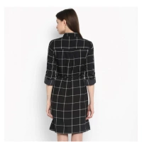Women's Polyester Checkered Roll Up Sleeve Above Knee Dress (Black - White) - L