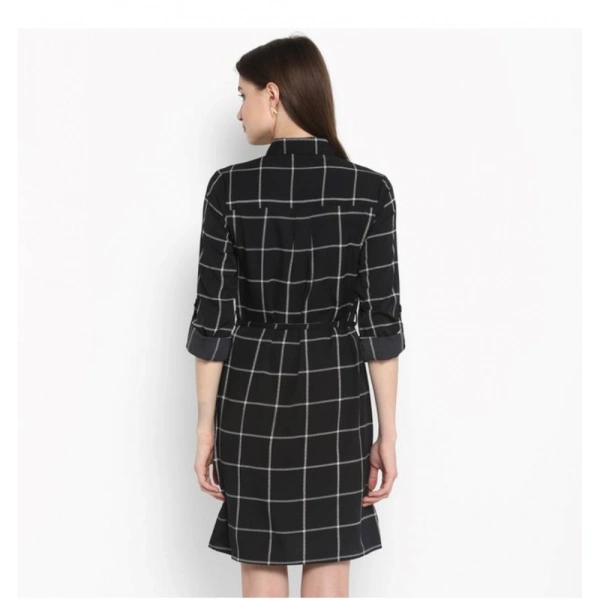 Women's Polyester Checkered Roll Up Sleeve Above Knee Dress (Black - White) - L