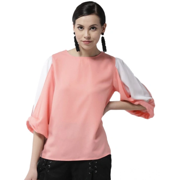 Women's Polyester Colour Block Slit Sleeve Top (Pink) - L