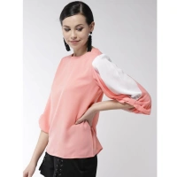 Women's Polyester Colour Block Slit Sleeve Top (Pink) - L