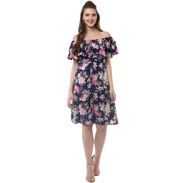 Women's Polyester Crepe Floral Half Sleeve Above Knee Dress (Navy Blue) - L