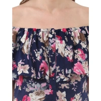 Women's Polyester Crepe Floral Half Sleeve Above Knee Dress (Navy Blue) - L