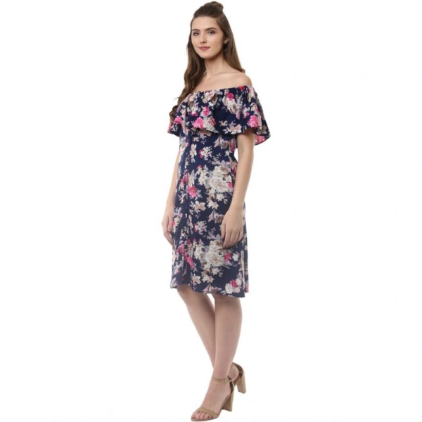 Women's Polyester Crepe Floral Half Sleeve Above Knee Dress (Navy Blue) - L