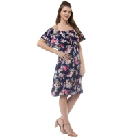 Women's Polyester Crepe Floral Half Sleeve Above Knee Dress (Navy Blue) - L
