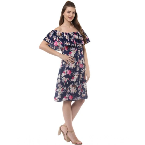 Women's Polyester Crepe Floral Half Sleeve Above Knee Dress (Navy Blue) - L