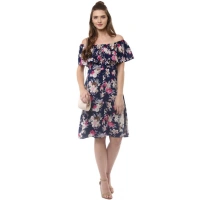 Women's Polyester Crepe Floral Half Sleeve Above Knee Dress (Navy Blue) - L