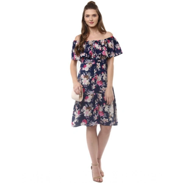 Women's Polyester Crepe Floral Half Sleeve Above Knee Dress (Navy Blue) - L