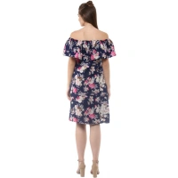 Women's Polyester Crepe Floral Half Sleeve Above Knee Dress (Navy Blue) - L