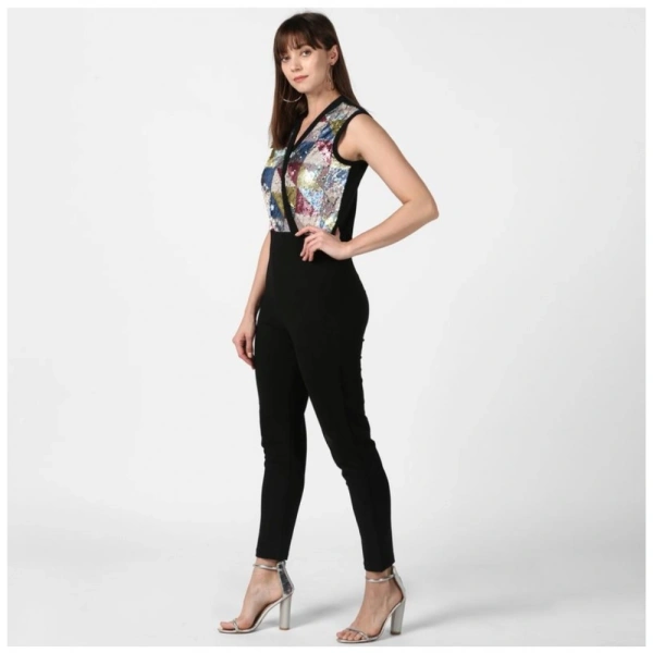 Women's Polyester Embellished Sleeveless Jumpsuit (Black) - M