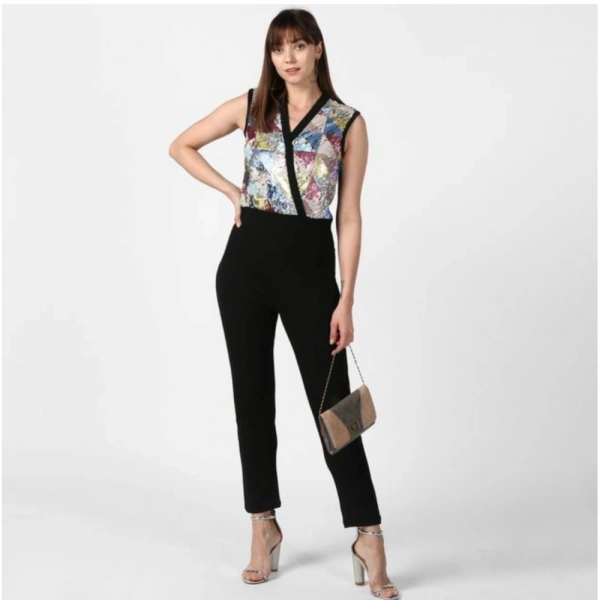 Women's Polyester Embellished Sleeveless Jumpsuit (Black) - M