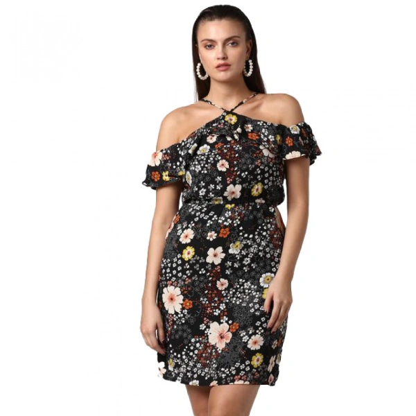 Women's Polyester Floral Cold Shoulder Above Knee Dress (Black) - S
