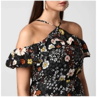 Women's Polyester Floral Cold Shoulder Above Knee Dress (Black) - S