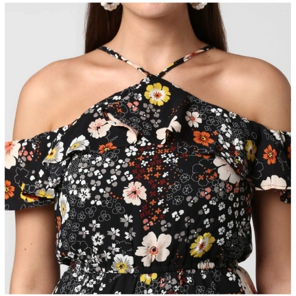 Women's Polyester Floral Cold Shoulder Above Knee Dress (Black) - S