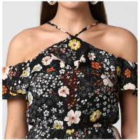 Women's Polyester Floral Cold Shoulder Above Knee Dress (Black) - S