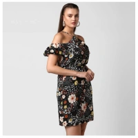 Women's Polyester Floral Cold Shoulder Above Knee Dress (Black) - S