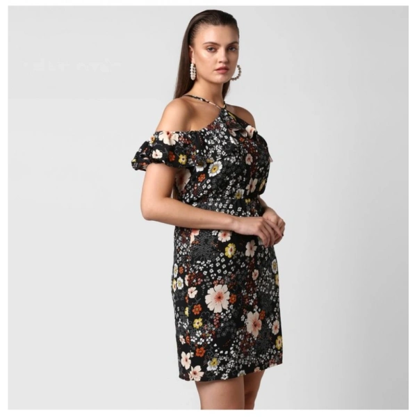 Women's Polyester Floral Cold Shoulder Above Knee Dress (Black) - S