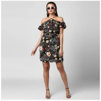 Women's Polyester Floral Cold Shoulder Above Knee Dress (Black) - S