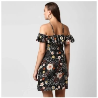 Women's Polyester Floral Cold Shoulder Above Knee Dress (Black) - S