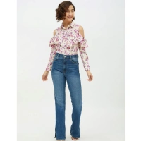 Women's Polyester Floral Cold Shoulder Standard Length Shirt (White) - L